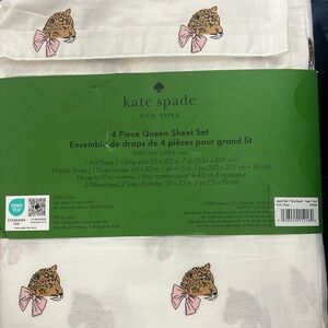 Kate Spade White Sheets with Cheetah & Pink Bow Pattern Queen Size Sheet Set NWT